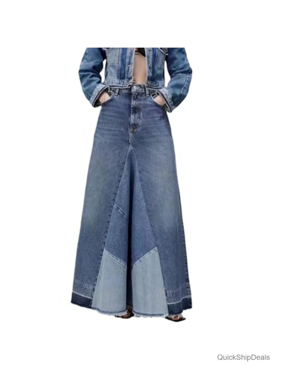 Women's Distressed Patchwork Denim Maxi Skirt High Waist Frayed Raw Hem A-Line